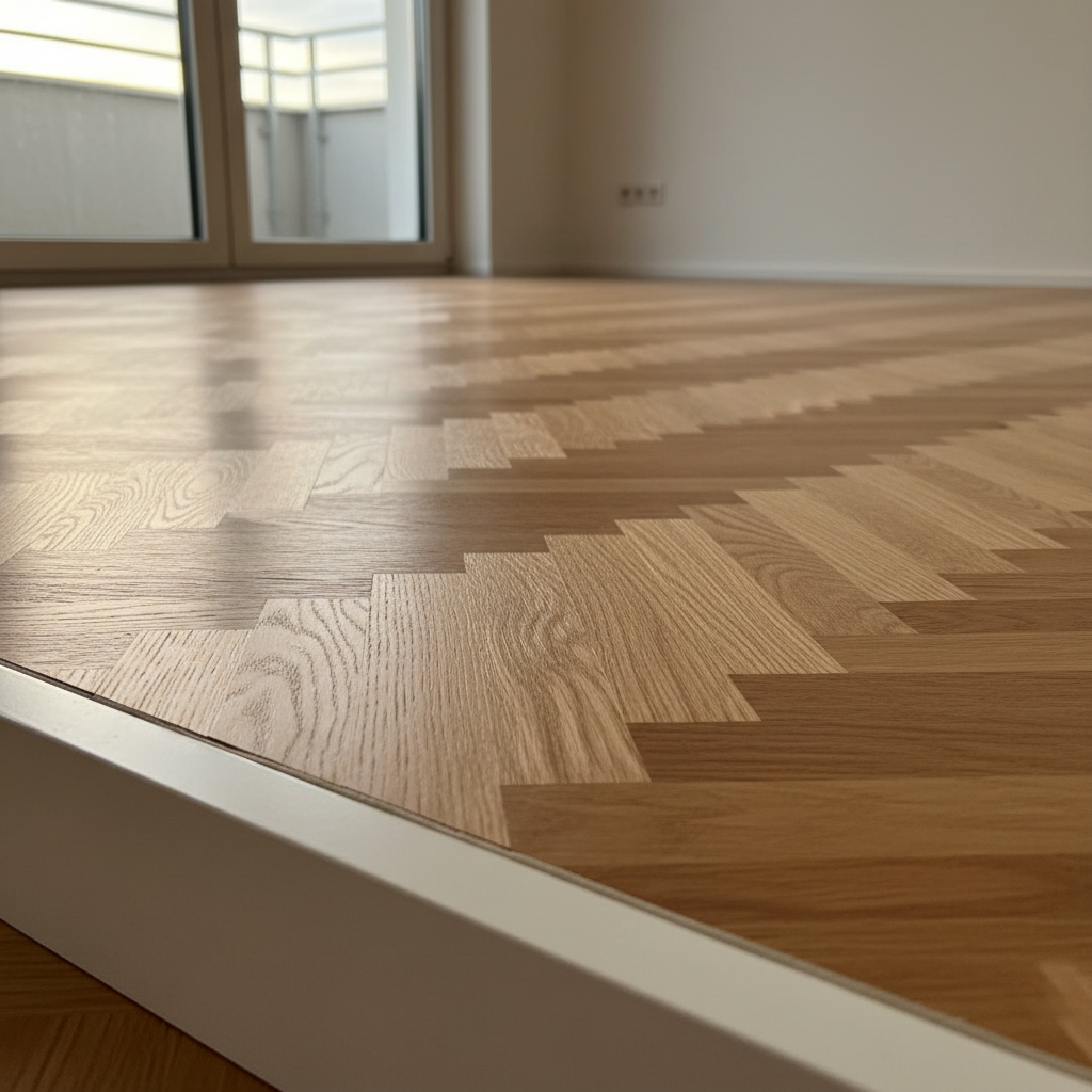 A photographic realism close-up of a freshly laid herringbone oak parquet floor in a renovated living room, each plank showing natural wood grain, subtle knots, and a satin finish that gently reflects soft afternoon light from a nearby balcony door. The camera hovers just above floor level at a shallow angle, emphasizing the precision of the pattern and the tight, gap-free joints. Along the edge of the frame, a neatly cut white skirting board meets the parquet with a perfect silicone line. The background softly blurs into a newly smoothed wall, hinting at comprehensive interior renovation. The mood is warm, elegant, and confident, showcasing high-quality craftsmanship typical of an experienced remonty budowlane firm.