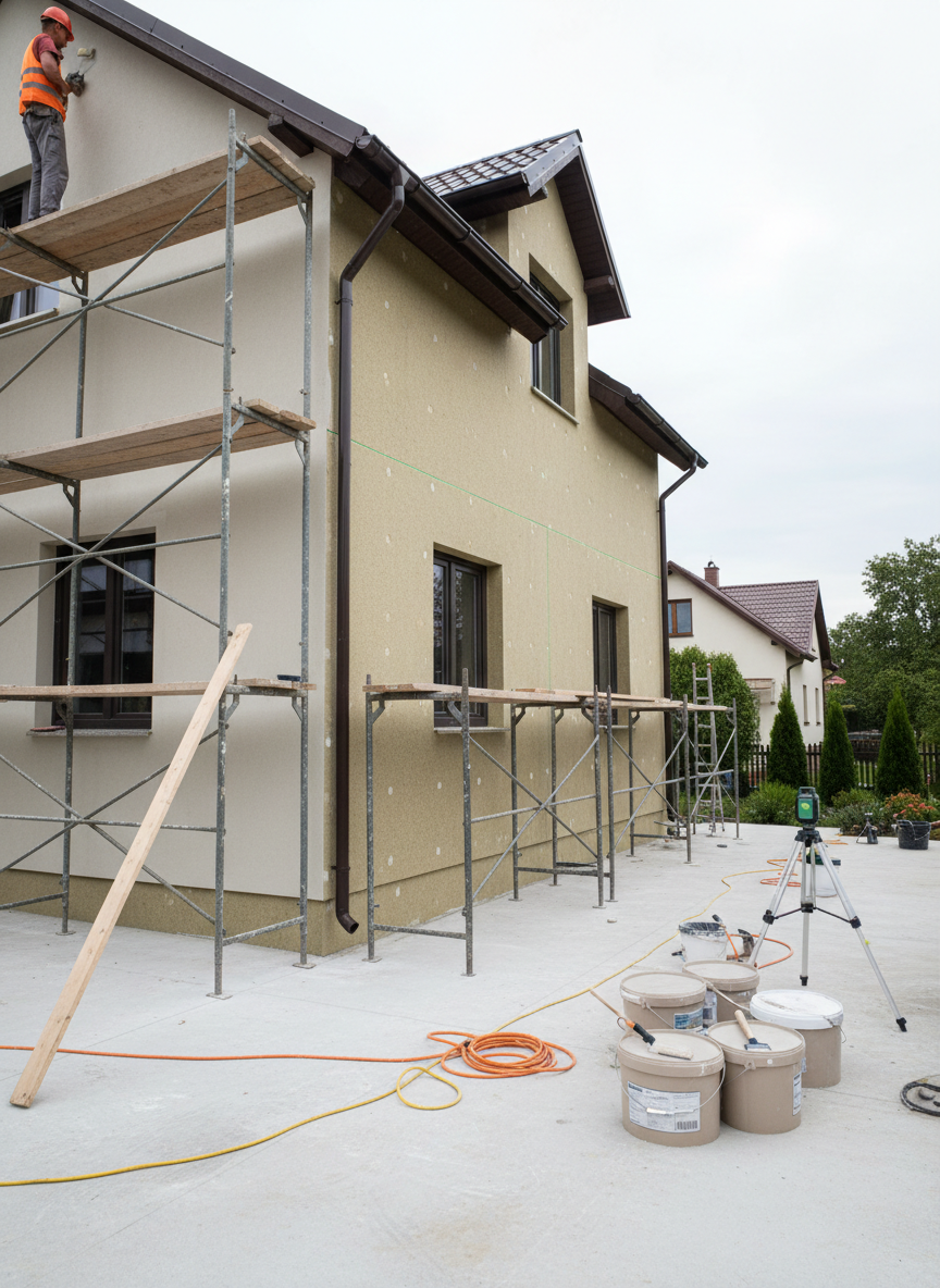 A detailed, photographic realism scene of an exterior house renovation in a small town of powiat chrzanowski. Scaffolding with clean wooden planks surrounds a two-story home where fresh, smooth thermal insulation and light beige façade render are being applied. Buckets of façade paint, neatly coiled extension cords, and a laser level rest on a swept, dust-free driveway. Overcast daylight provides soft, even illumination, revealing the fine texture of the new plaster and the crisp edges around windows and corners. Captured from a slightly low angle to emphasize the height of the building, with sharp focus throughout. The atmosphere is calm and methodical, conveying durability, safety, and professional building work in the local area.