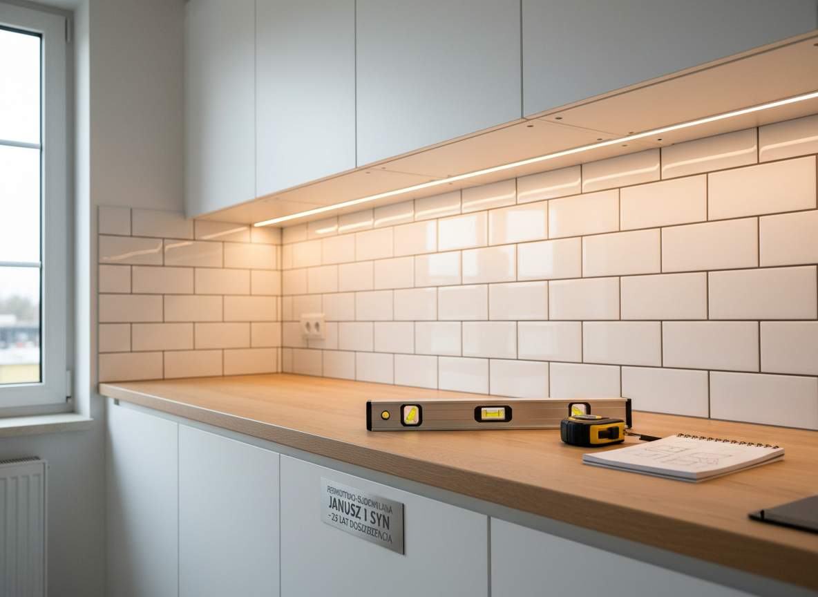 A clean and modern kitchen interior just after renovation, with handleless matte white cabinets, a light oak countertop, and a precisely installed white subway tile backsplash with dark gray grout. Under-cabinet LED strips cast a warm, even glow over the work surface, while cooler daylight enters through a nearby window, creating balanced, realistic lighting. On the counter lie a neatly placed spirit level, a folded measuring tape, and a small notepad with sketches, suggesting careful planning. Photographic realism, shot from an eye-level perspective using the rule of thirds, with sharp focus across the entire frame. The mood is orderly, professional, and reassuring, ideal for presenting the quality of a 25-year experienced remontowo-budowlana company.