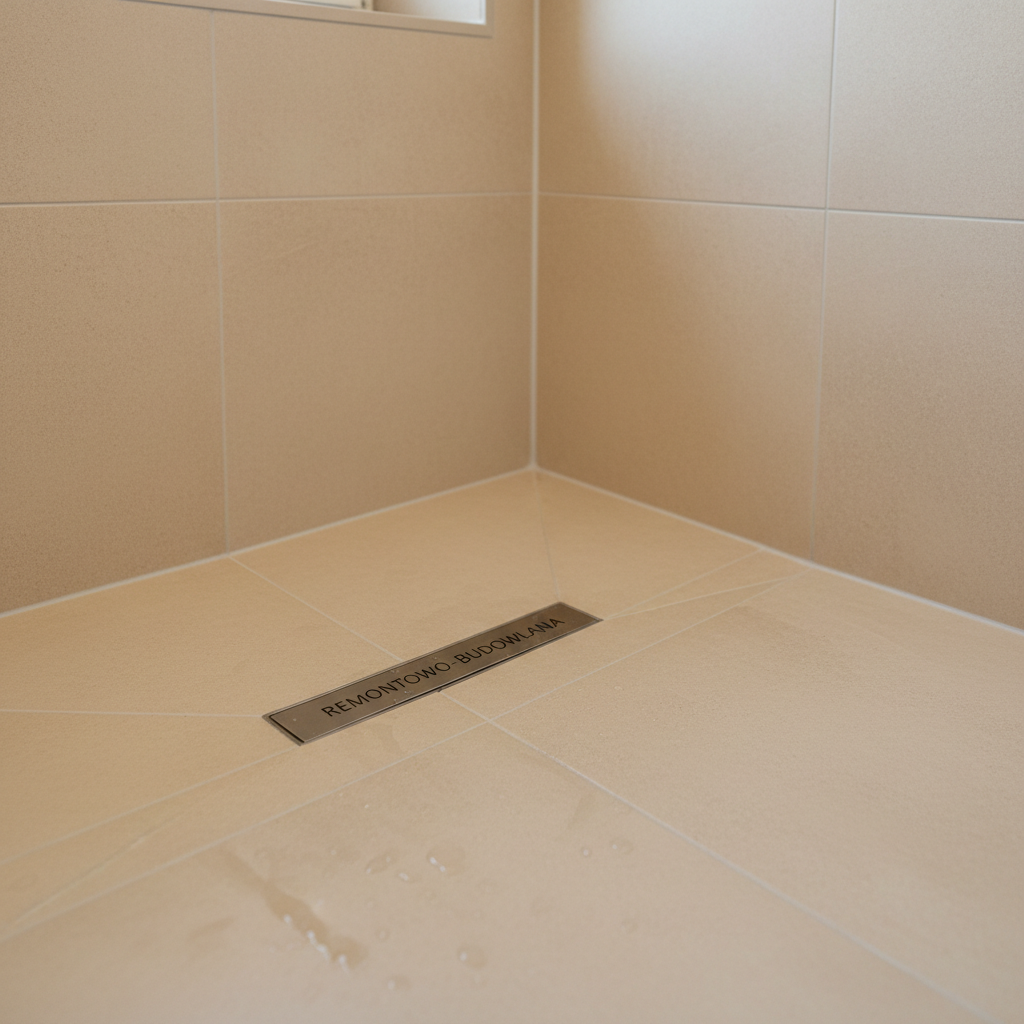 A close-up, photographic realism shot of a freshly tiled bathroom corner, showcasing large-format matte porcelain tiles in warm light beige, perfectly aligned with razor-thin grout lines. A linear stainless steel drain, precisely cut tile edges around it, and a gently sloped floor clearly demonstrate expert craftsmanship. Soft, diffused overcast light from an unseen window reveals the subtle stone-like texture of the tiles, with tiny water droplets hinting at a recent test of the shower. Captured from a low, angled perspective with shallow depth of field, the focus rests on the flawless joints and clean silicone seals, conveying reliability, precision, and professionalism for a remontowo-budowlana firm.