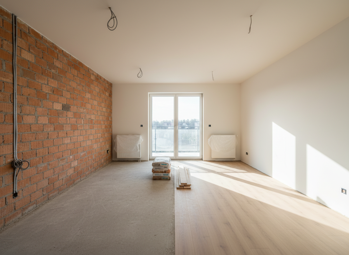 A partially renovated open-plan apartment interior in powiat chrzanowski, photographed in realistic detail. One half of the room shows exposed, unfinished brick walls, rough concrete floor, and visible electrical conduits, while the other half reveals smooth plastered walls, freshly painted in warm white, and installed oak-look vinyl flooring. Plastic-covered radiators and neatly stacked building materials sit at the transition line. Natural afternoon light streams in through large balcony doors, casting long, soft shadows and highlighting the transformation process. Captured from a slightly elevated angle with a wide field of view, the composition emphasizes before-and-after contrast, evoking a sense of progress, trust, and long-term experience in remonty budowlane.